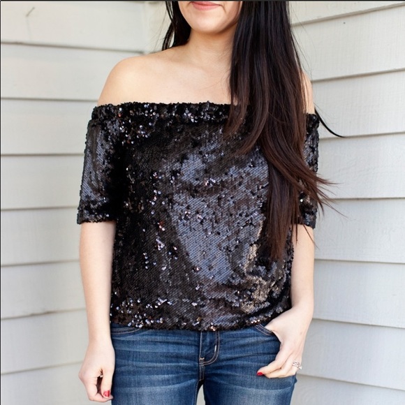 black sequin off the shoulder top